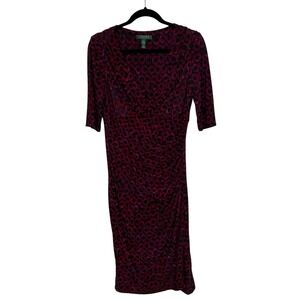 Lauren Ralph Lauren Geometric Dress Sheath Ruched 3/4 Sleeve Purple Black Size 8